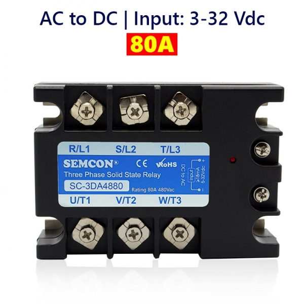 SC-3DA4880 SSR 3 Pha 80A | Output: 480vac. Input: 5-32vdc